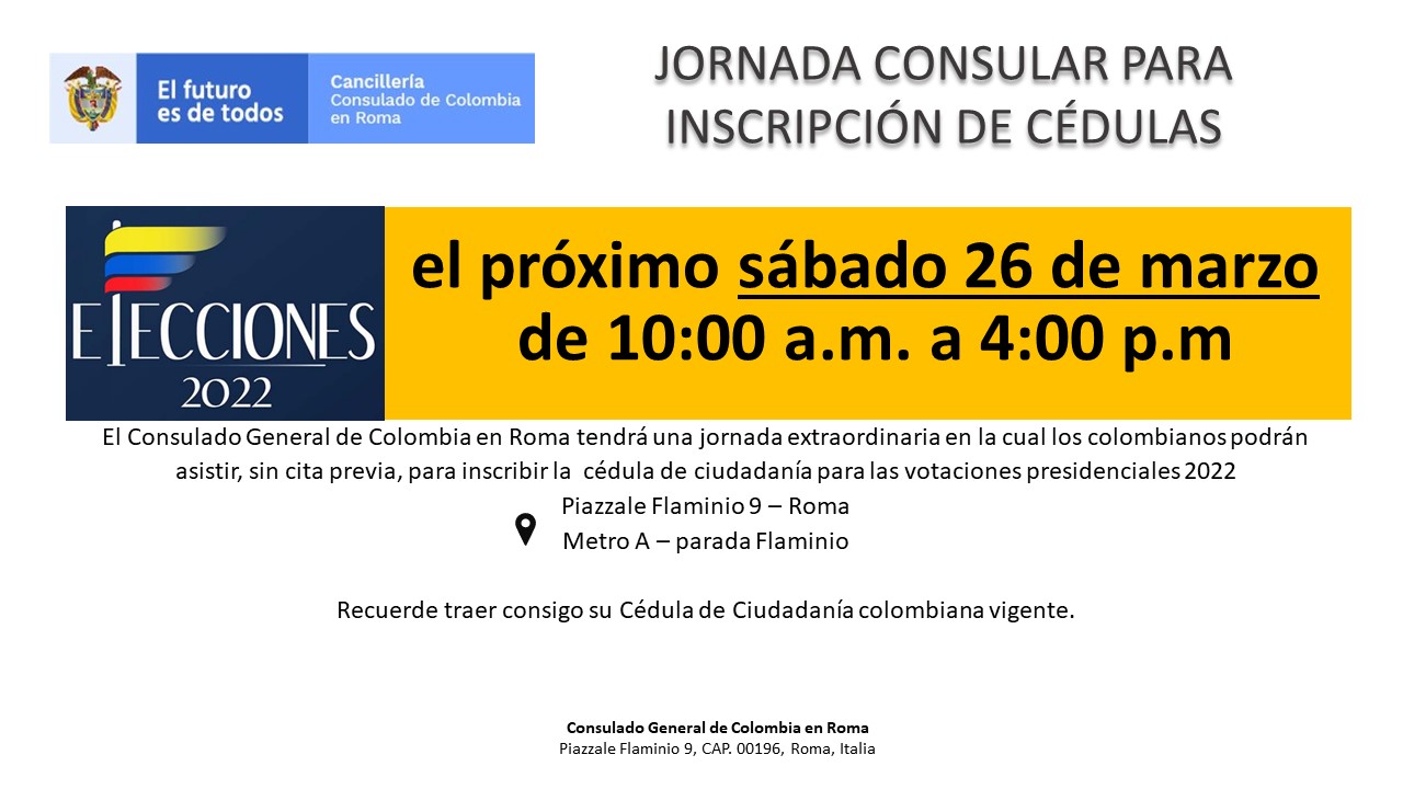 El Consulado de Colombia en Roma invita a la jornada consular para la inscripción de cédulas el sábado 26 de marzo