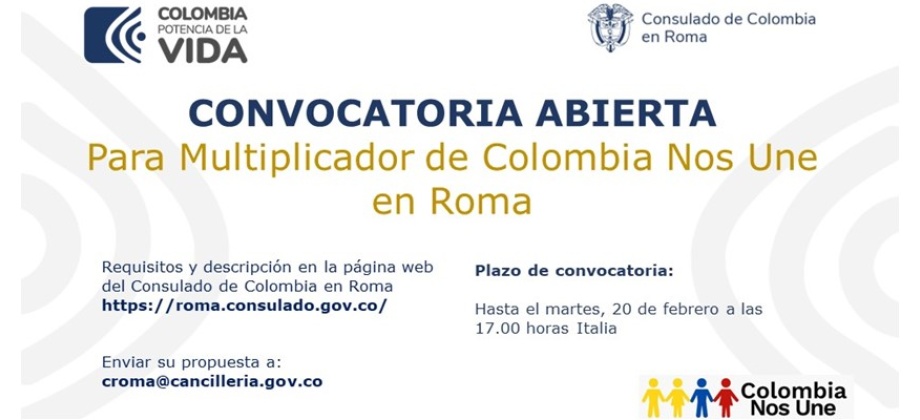 Convocatoria abierta para Multiplicador de Colombia Nos Une en Roma