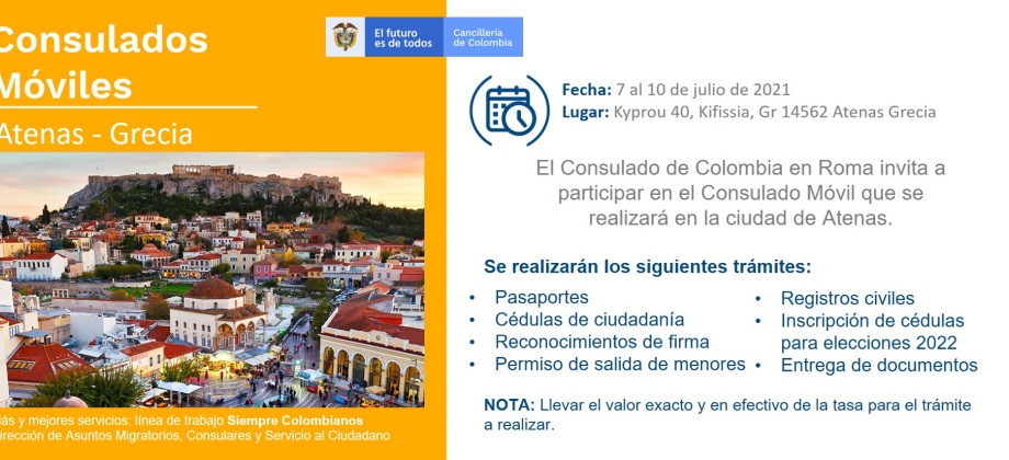El Consulado de Colombia en Roma realizará un Consulado Móvil en Atenas - Grecia, del 7 al 10 de julio de 2021