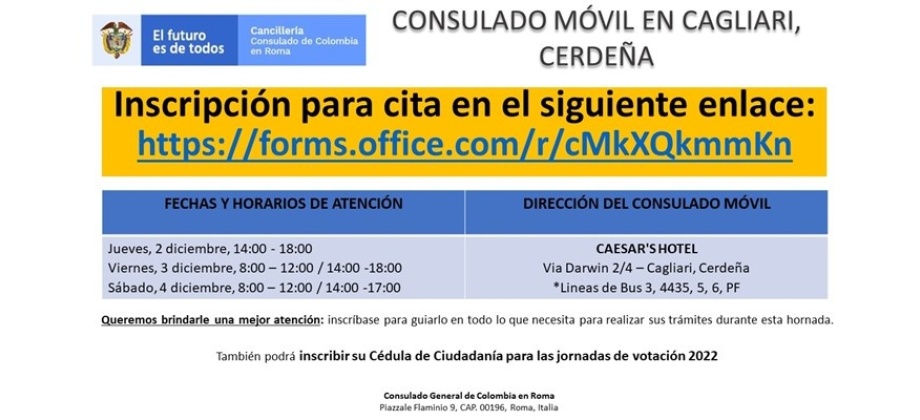 Consulado Móvil en Cagliari, Cerdeña del 2 al 4 de diciembre de 2021