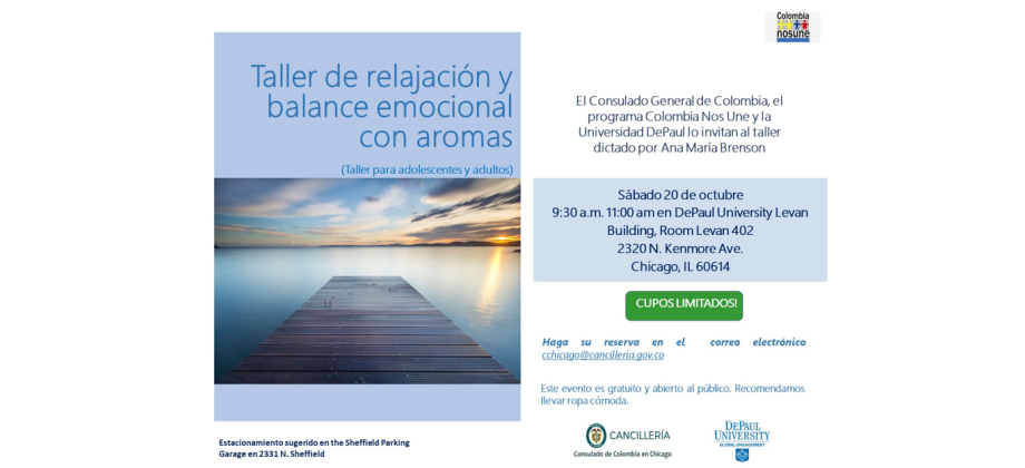 El Consulado de Colombia en Chicago invita este sábado 20 de octubre de 9:30 am a 11:00am -  al Taller de relajación y liberación de stress y balance emocional con aromas