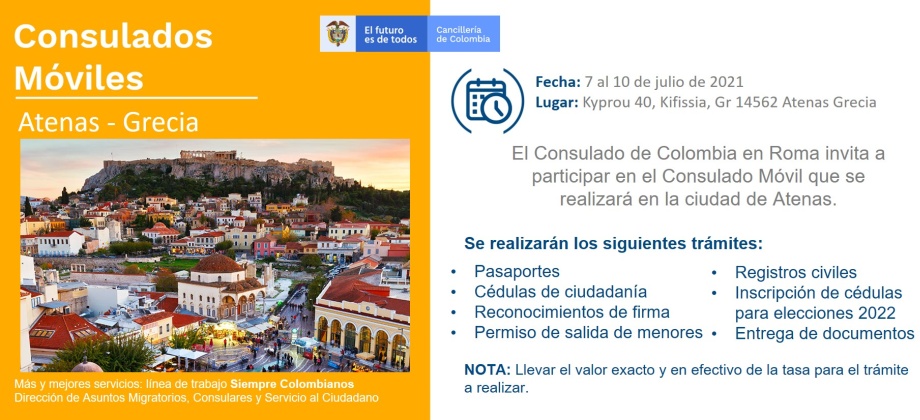 El Consulado de Colombia en Roma realizará un Consulado Móvil en Atenas - Grecia, del 7 al 10 de julio de 2021