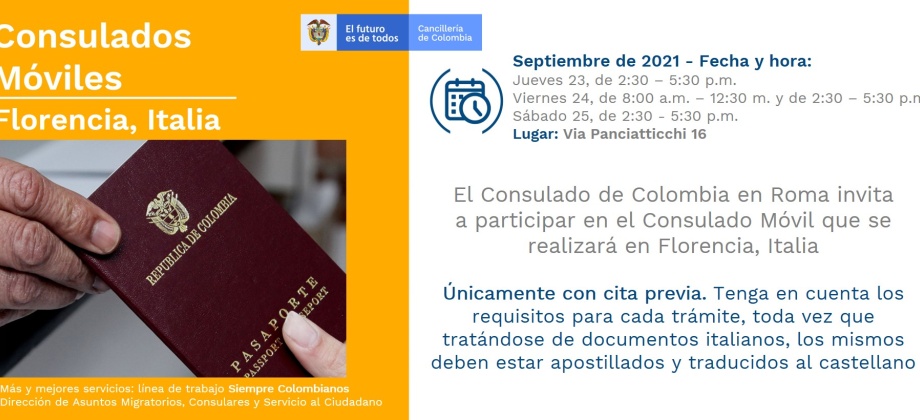 El Consulado de Colombia en Roma realizará un Consulado Móvil en Florencia, del 23 al 25 de julio de 2021