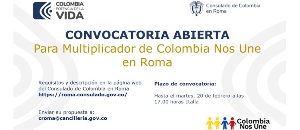 Convocatoria abierta para Multiplicador de Colombia Nos Une en Roma