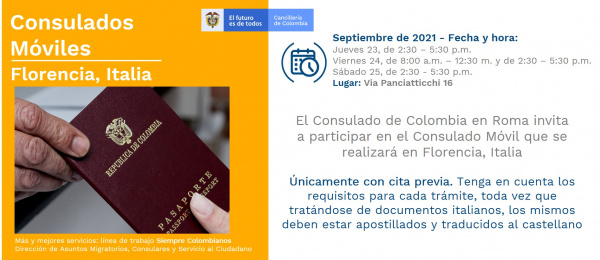 El Consulado de Colombia en Roma realizará un Consulado Móvil en Florencia, del 23 al 25 de julio de 2021