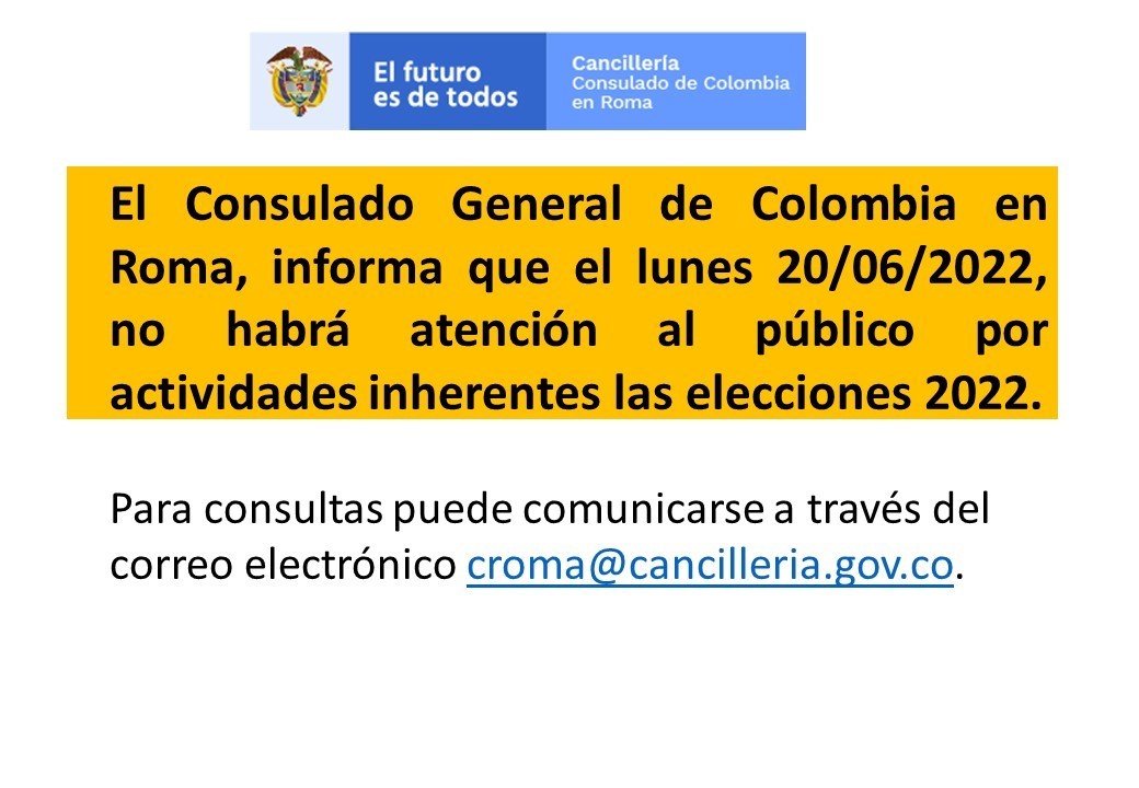 Consulado de Colombia en Roma no tendrá atención este 20 de junio 